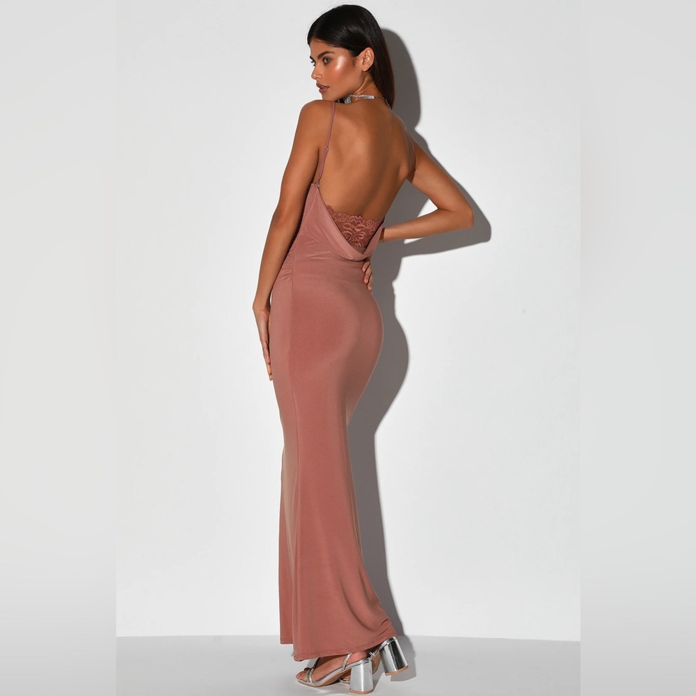 Lulu’s At a Glance Dark Rose Cowl Neck Mermaid Maxi Dress, Size M